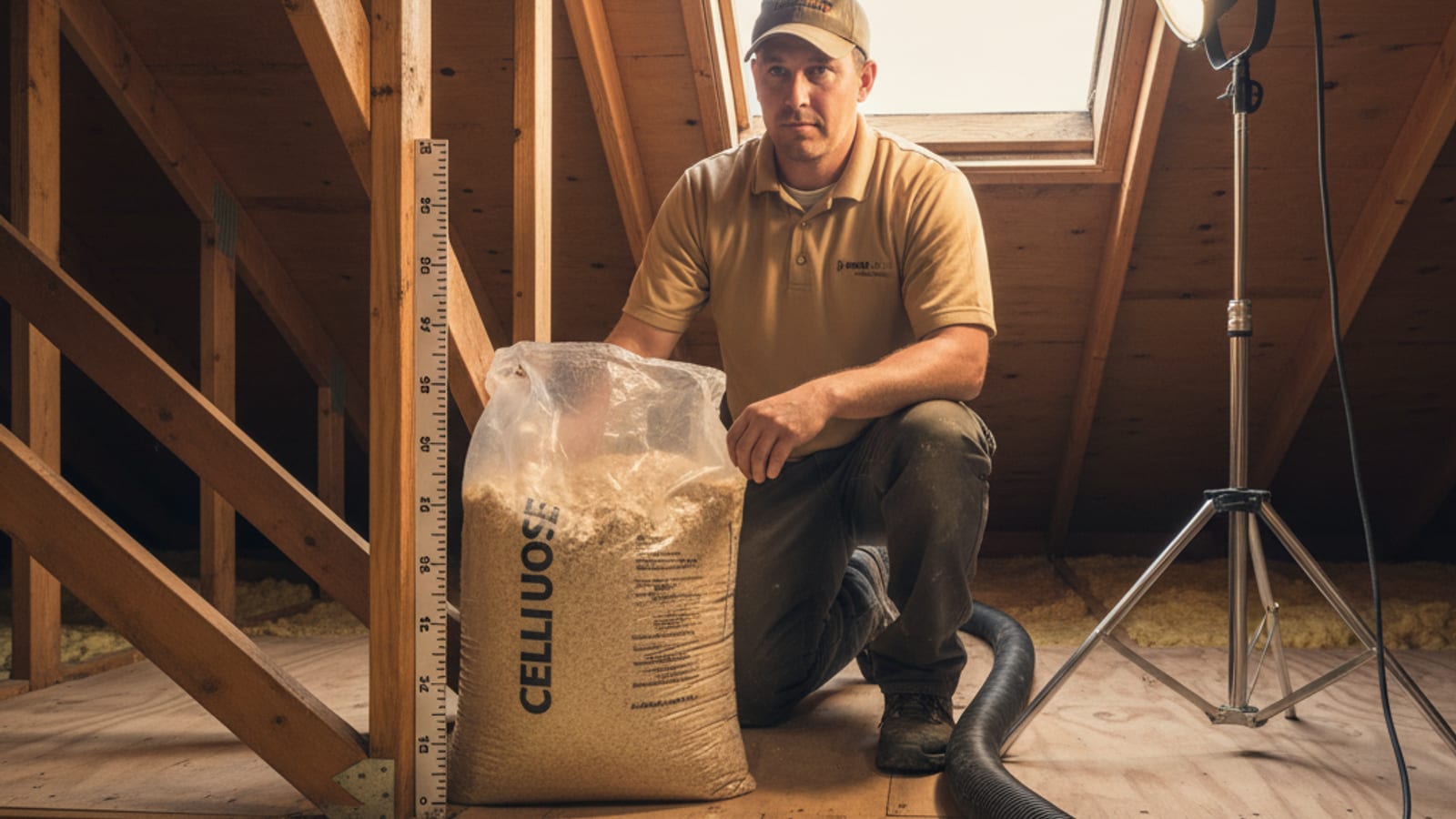 Insulation installer in a warm-tan polo standing in a San Diego attic next to a ruler-marked rafter