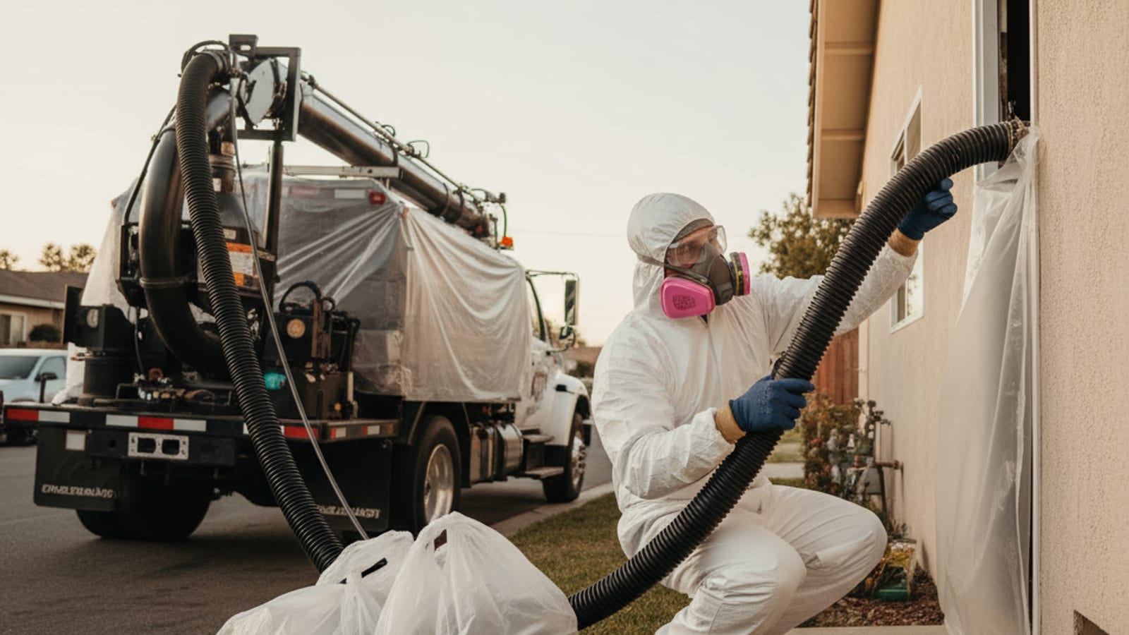 Worker in PPE running a vacuum extraction hose to remove old contaminated attic insulation in a San Diego home