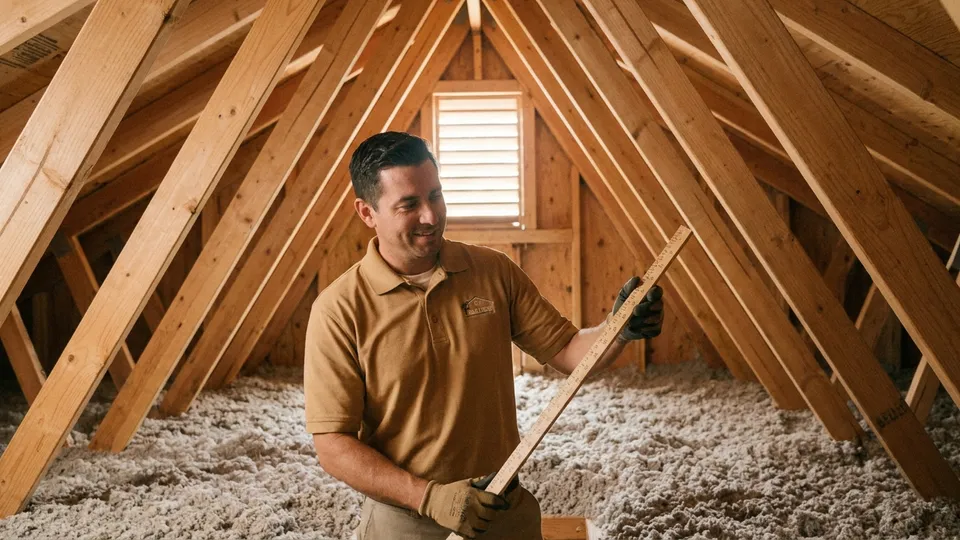 Contractor installing blown-in insulation across attic floor joists in a San Diego home