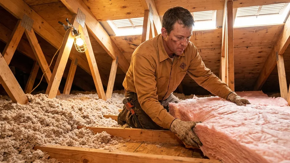 Attic floor showing loose-fill blown-in insulation beside stacked fiberglass batt rolls