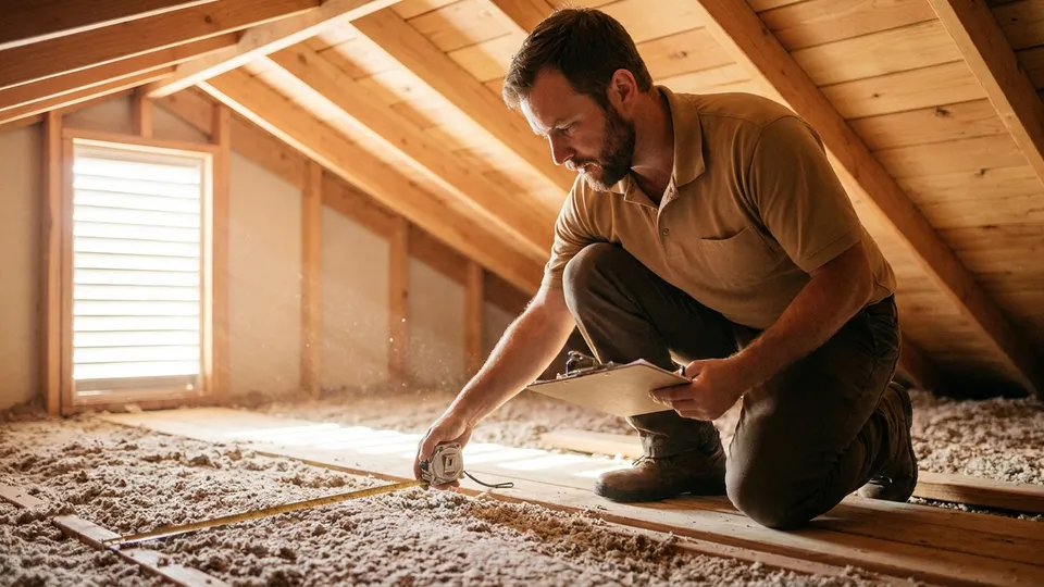 Insulation technician in a tan polo spraying blown-in insulation across a San Diego attic floor
