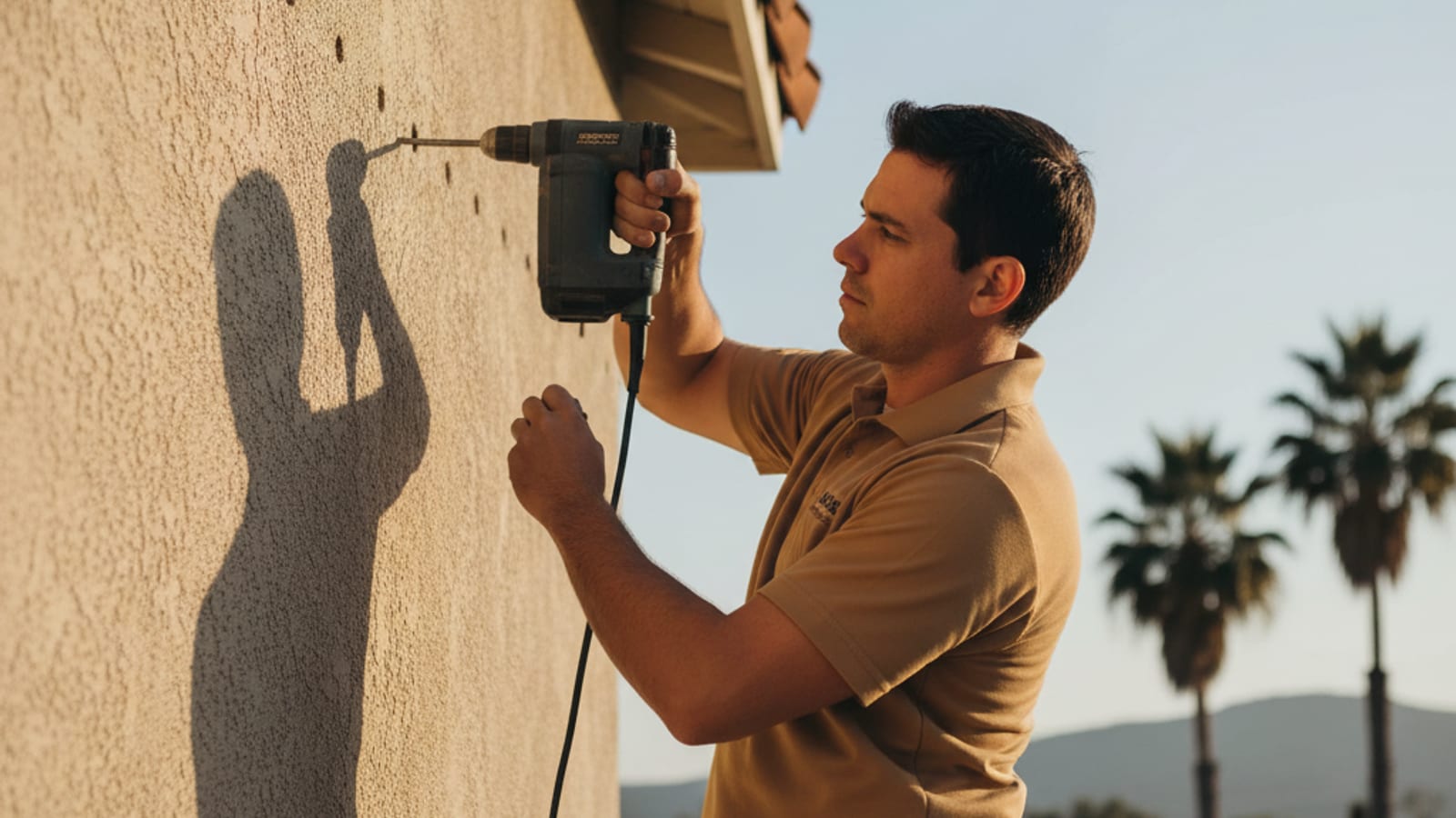 Worker drilling small holes in stucco for dense-pack cellulose installation