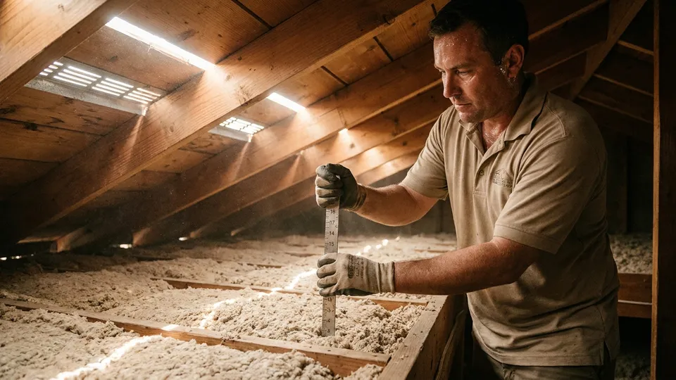 Insulation contractor in an attic space preparing to address heat gain in a San Diego home