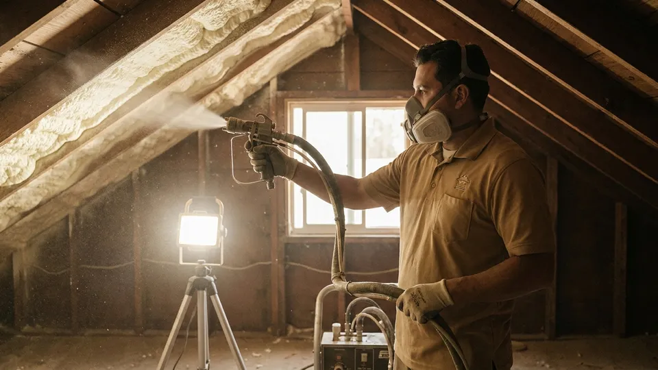 Insulation installer applying spray foam along a cathedral ceiling in a San Diego home