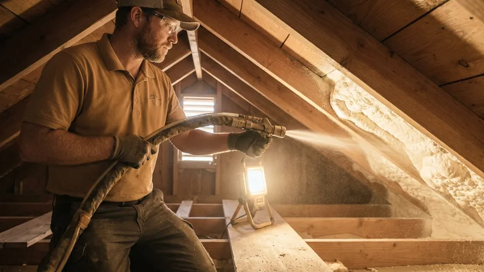 Spray foam insulation being applied to an attic roof deck in a San Diego home