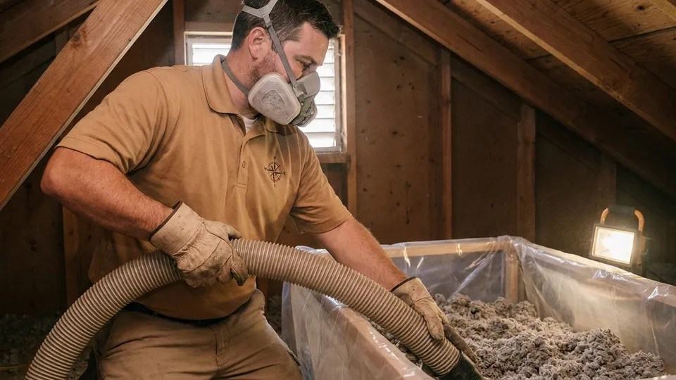 Insulation contractor in full PPE using a vacuum hose to extract contaminated attic insulation from a San Diego home