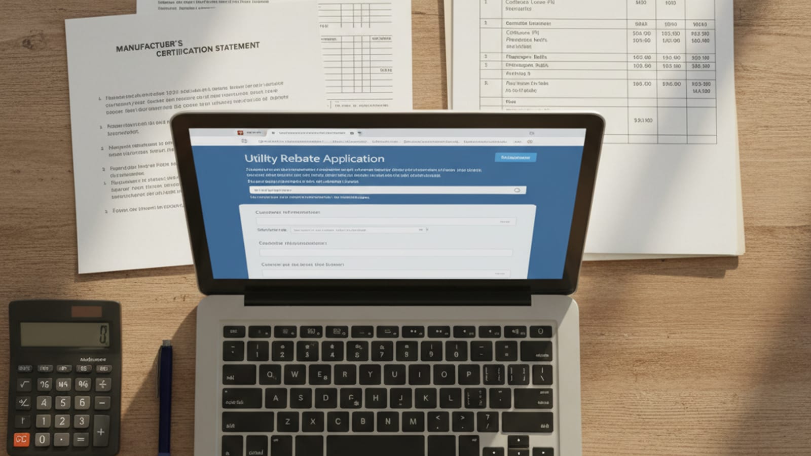 Documents and laptop showing federal 25C tax credit form alongside SDG&E rebate application materials