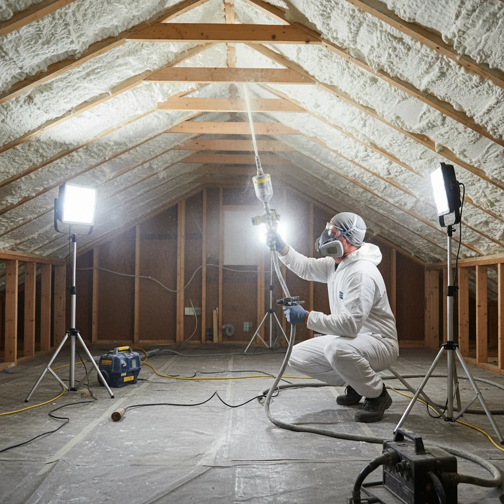 Insulation installer in a warm-tan polo spraying foam along a San Diego attic roof deck