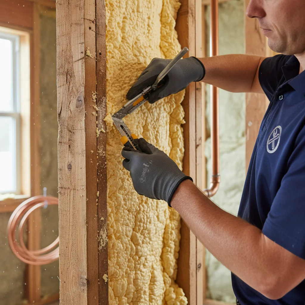 A close-up shot showing the texture of cured closed-cell spray foam insulation b