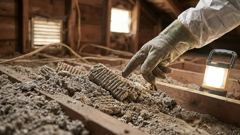 Technician in full PPE inspecting gray pebbly vermiculite insulation in an older attic