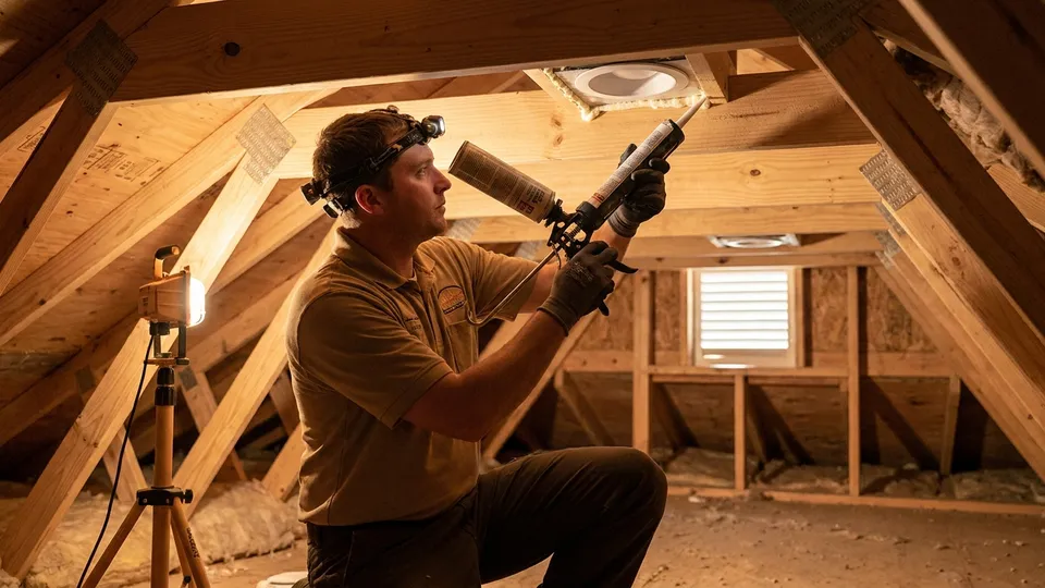 Contractor applying expanding foam sealant around attic top-plate penetrations before insulation is installed