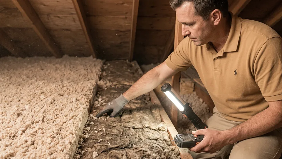 Technician in attic examining compressed and discolored blown-in insulation during inspection