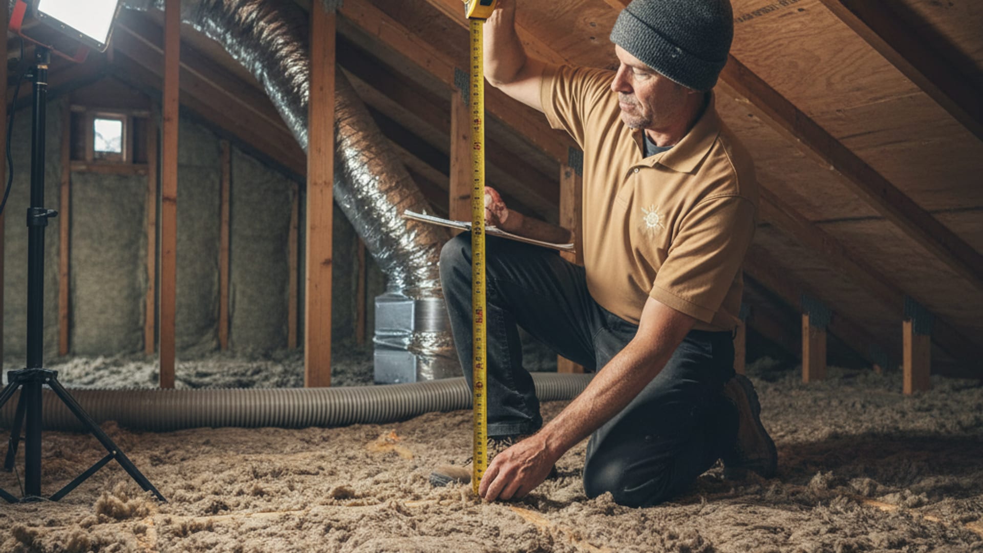 Insulation installer in a warm-tan polo measuring attic depth in a San Diego home
