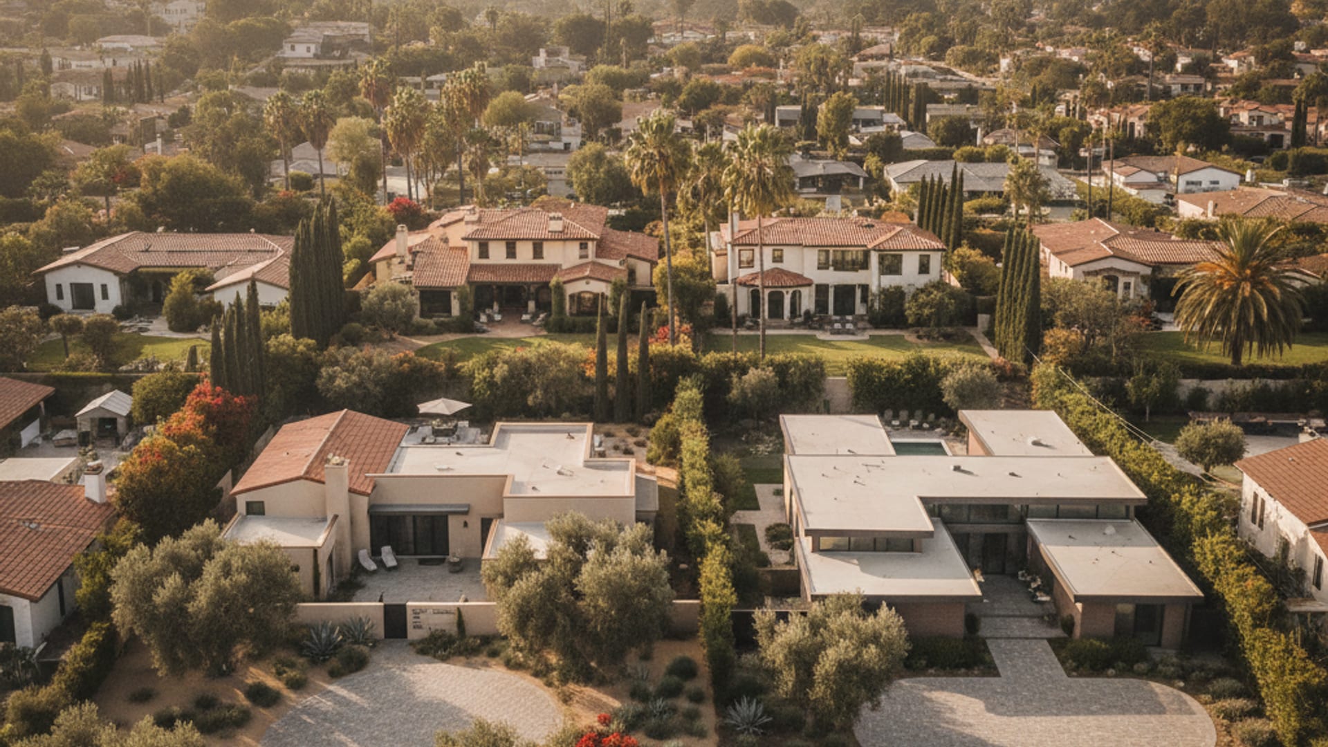 Aerial view of a San Diego County residential neighborhood with stucco homes and tile roofs at golden hour