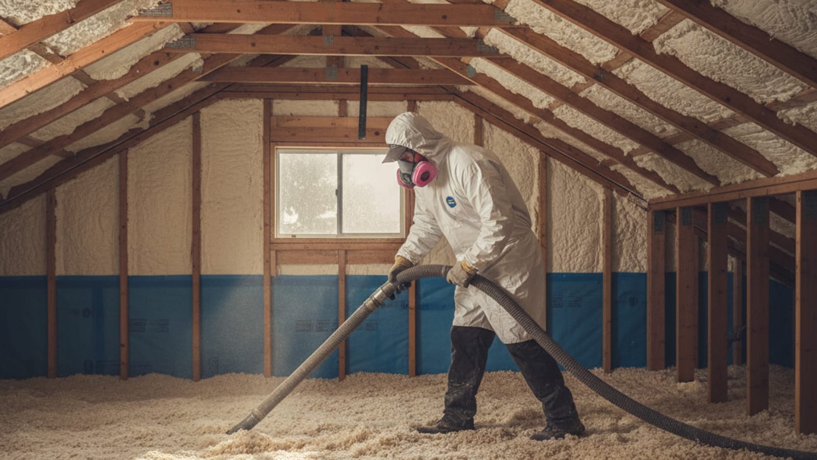 Worker in PPE running a vacuum hose to remove rodent-contaminated attic insulation