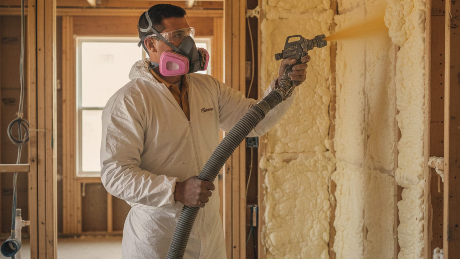 Closed-cell spray foam being applied to a wall cavity in even lifts