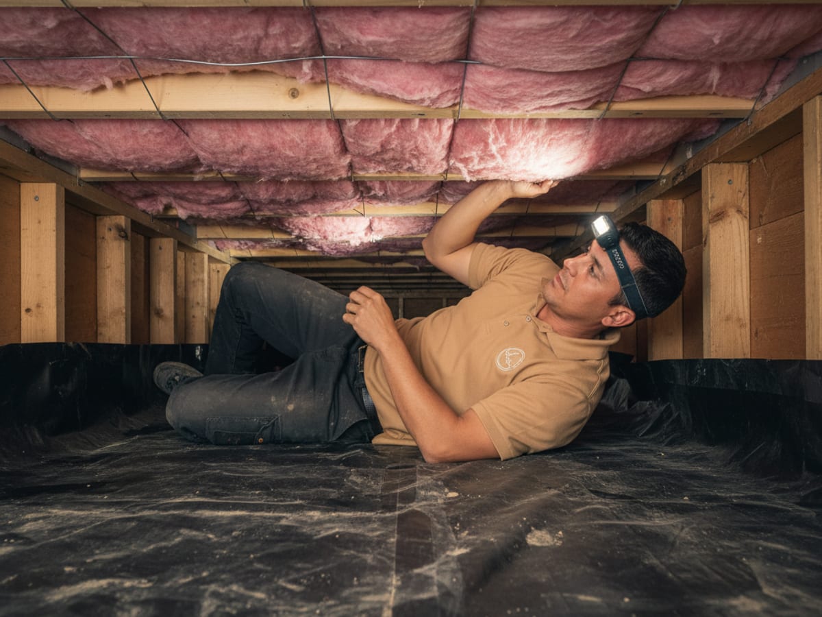 Insulation worker laying a vapor barrier in a San Diego crawlspace