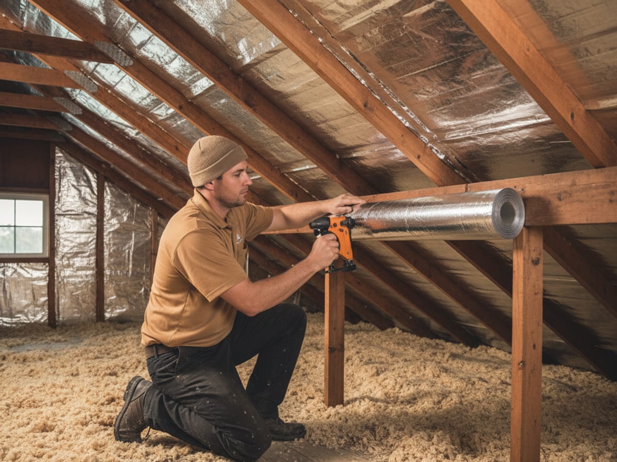 Reflective foil radiant barrier stapled to the underside of attic rafters