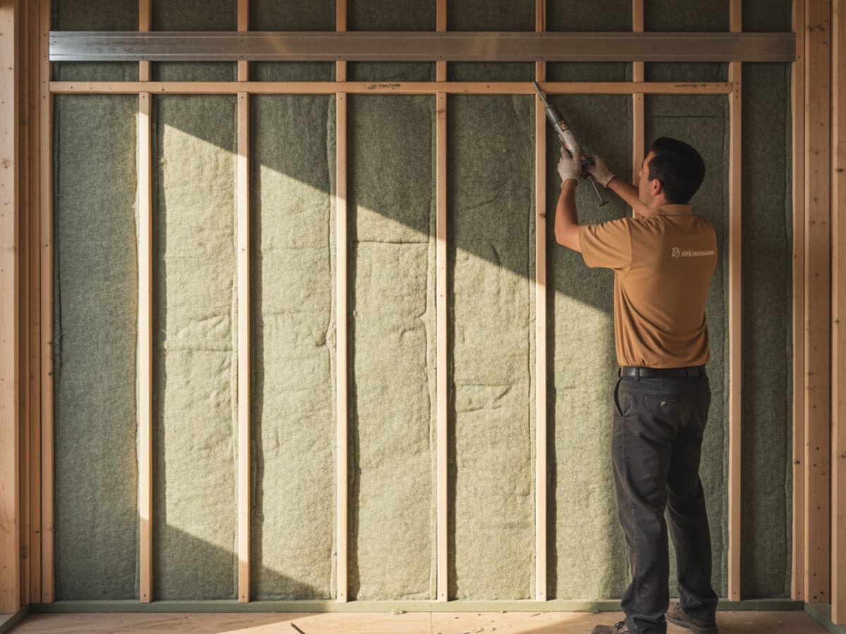 Mineral wool acoustic batts installed in a wall with resilient channel above