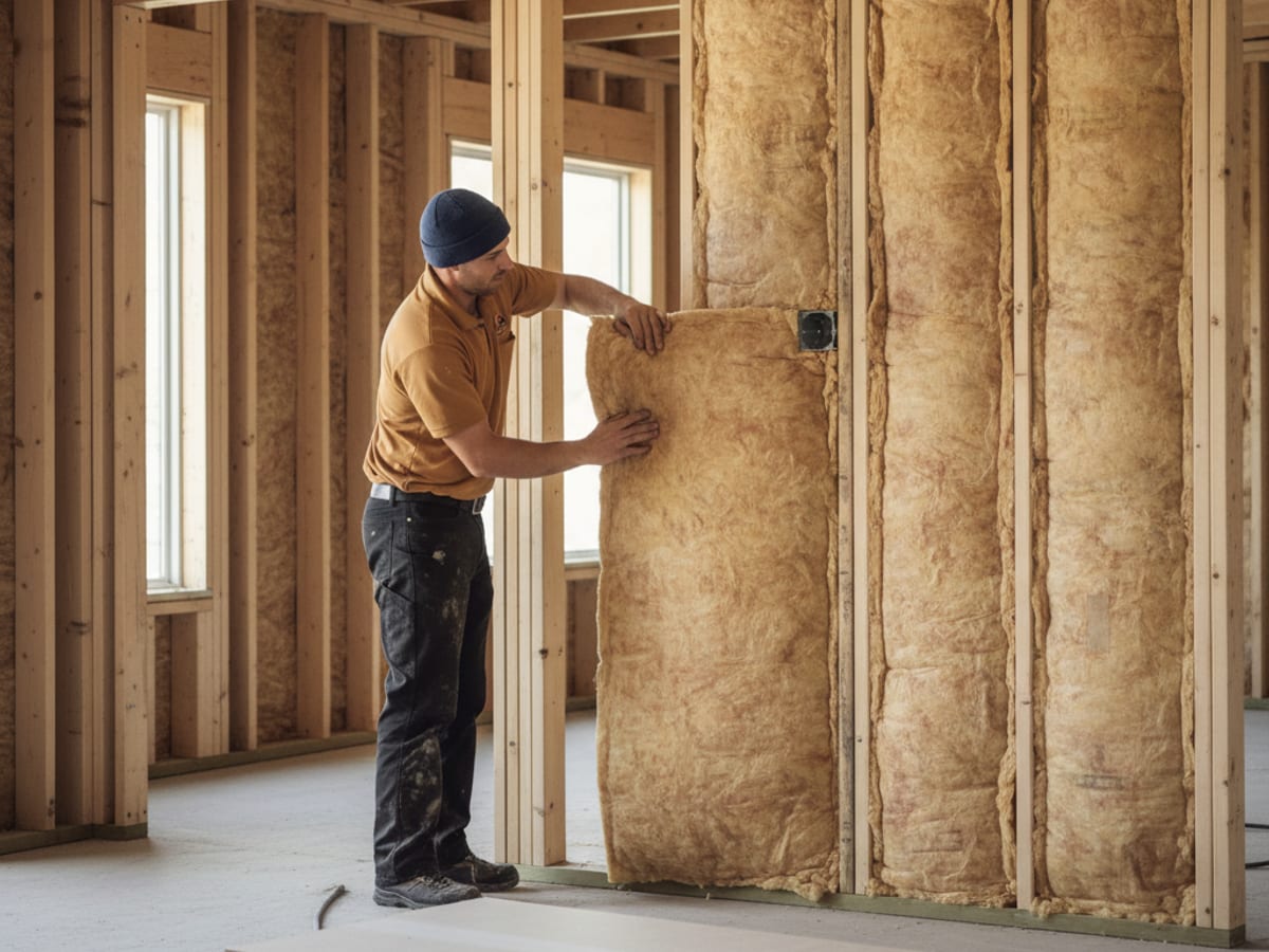Worker installing fiberglass batts into open wall studs of a San Diego home